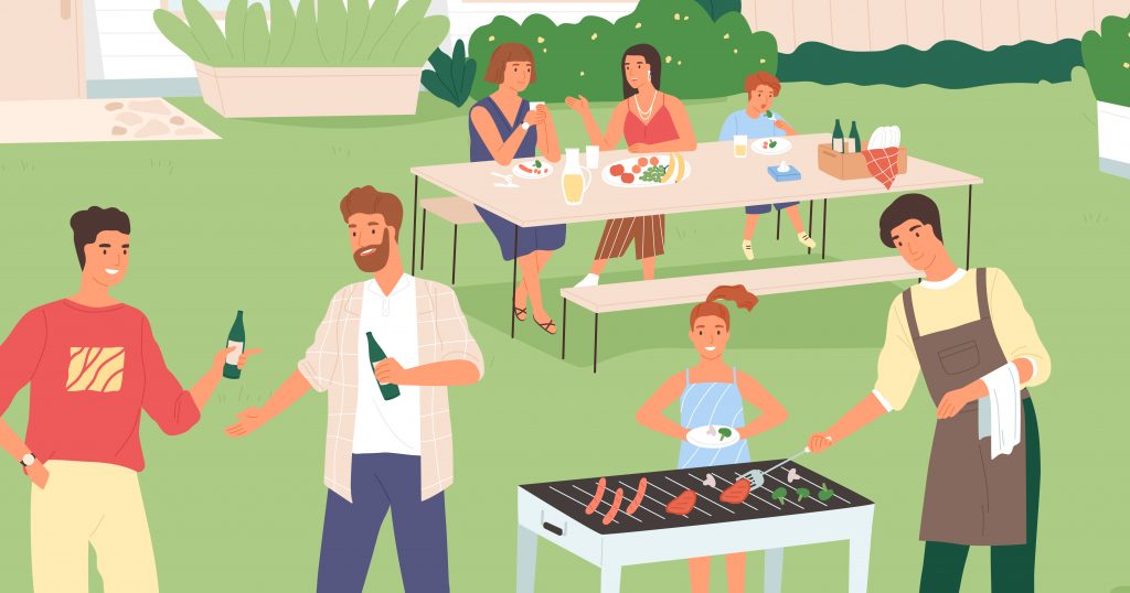 A graphic of people having fun at a barbecue